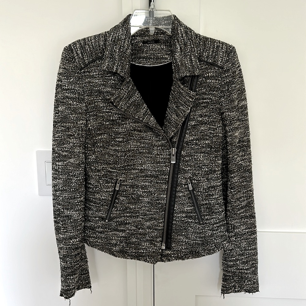 Ikks Tweed Motorcycle Jacket Grey White Black Front Diagonal Zipper size 38